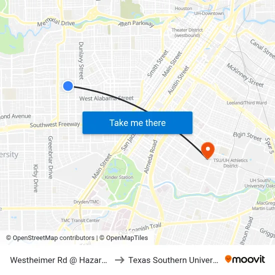 Westheimer Rd @ Hazard St to Texas Southern University map