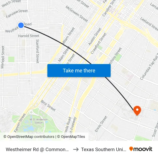 Westheimer Rd @ Commonwealth St to Texas Southern University map
