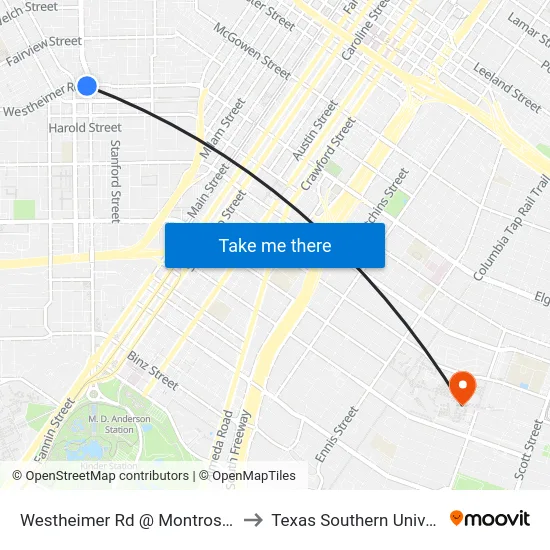 Westheimer Rd @ Montrose Blvd to Texas Southern University map