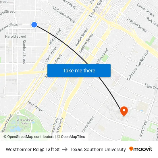 Westheimer Rd @ Taft St to Texas Southern University map