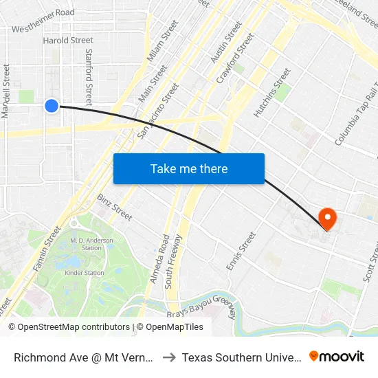 Richmond Ave @ Mt Vernon St to Texas Southern University map