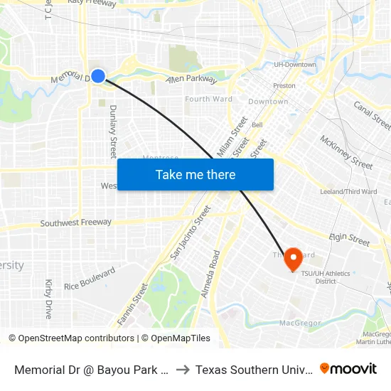 Memorial Dr @ Bayou Park Village to Texas Southern University map