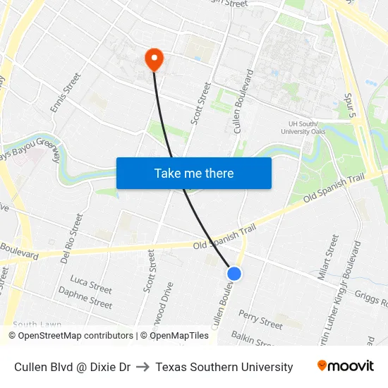 Cullen Blvd @ Dixie Dr to Texas Southern University map