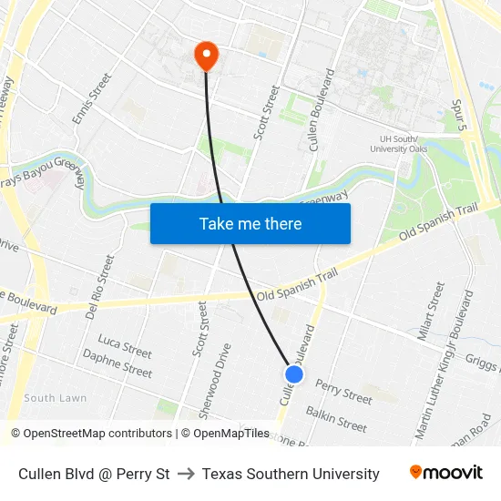 Cullen Blvd @ Perry St to Texas Southern University map