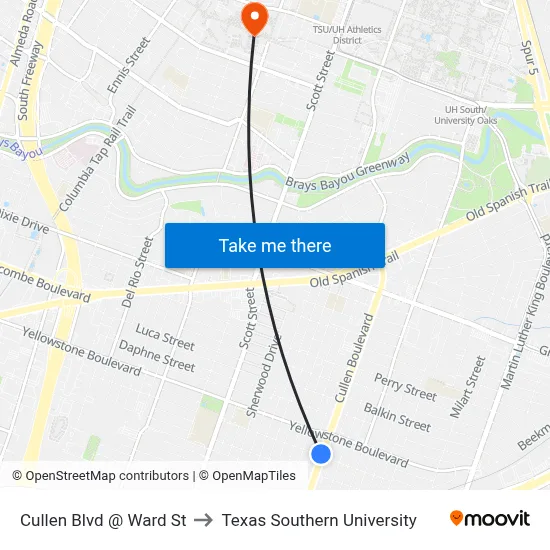 Cullen Blvd @ Ward St to Texas Southern University map