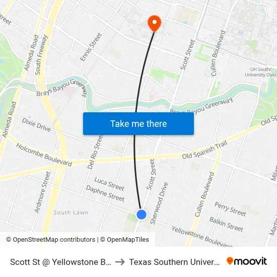 Scott St @ Yellowstone Blvd to Texas Southern University map