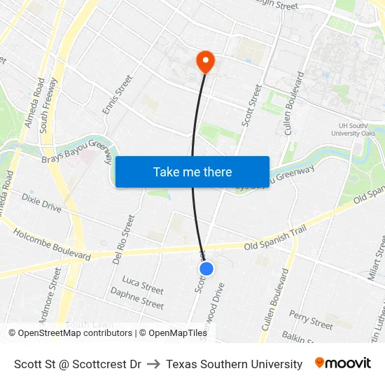 Scott St @ Scottcrest Dr to Texas Southern University map