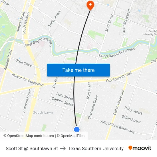 Scott St @ Southlawn St to Texas Southern University map