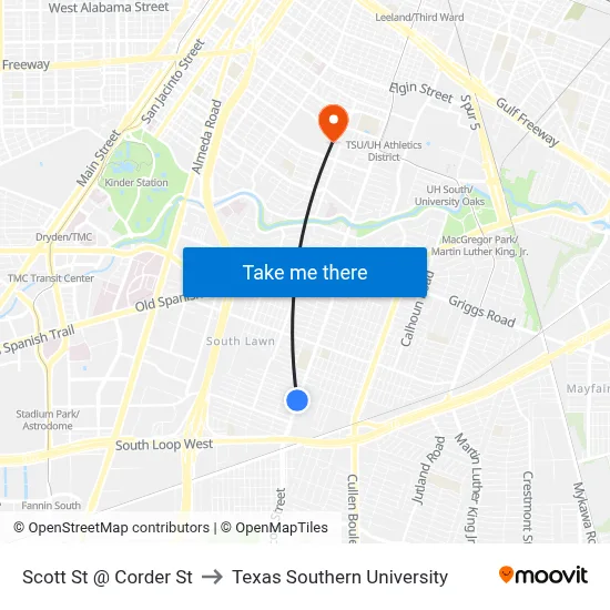 Scott St @ Corder St to Texas Southern University map