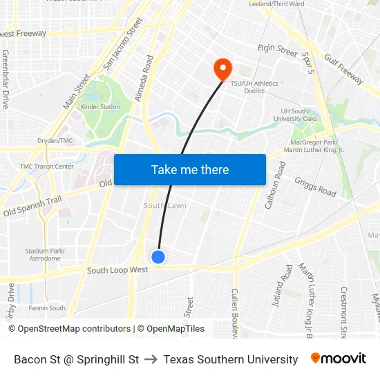 Bacon St @ Springhill St to Texas Southern University map