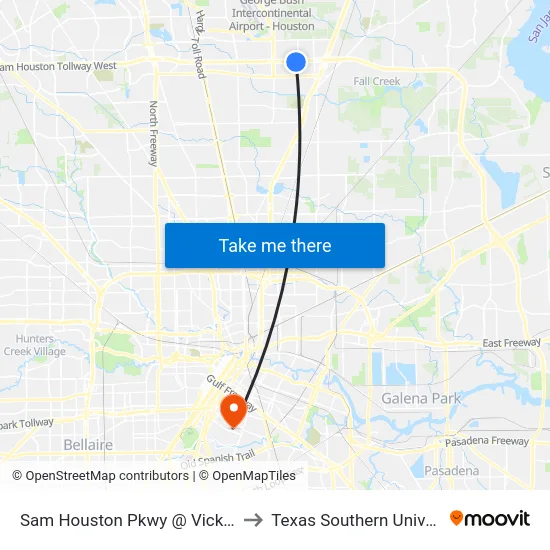 Sam Houston Pkwy @ Vickery Dr to Texas Southern University map
