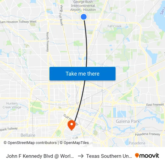 John F Kennedy Blvd @ World Houston to Texas Southern University map