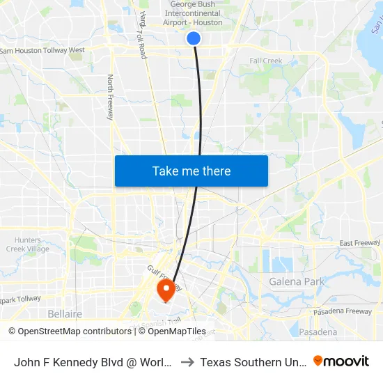 John F Kennedy Blvd @ World Houston to Texas Southern University map