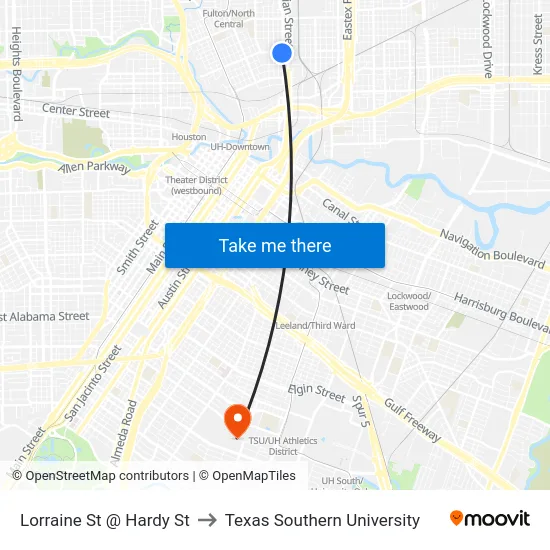 Lorraine St @ Hardy St to Texas Southern University map