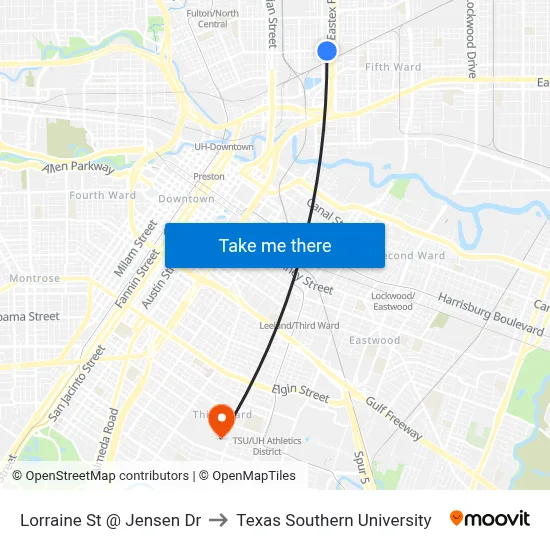 Lorraine St @ Jensen Dr to Texas Southern University map