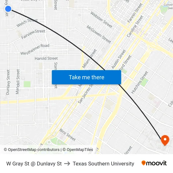 W Gray St @ Dunlavy St to Texas Southern University map