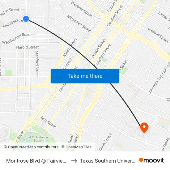 Montrose Blvd @ Fairview St to Texas Southern University map