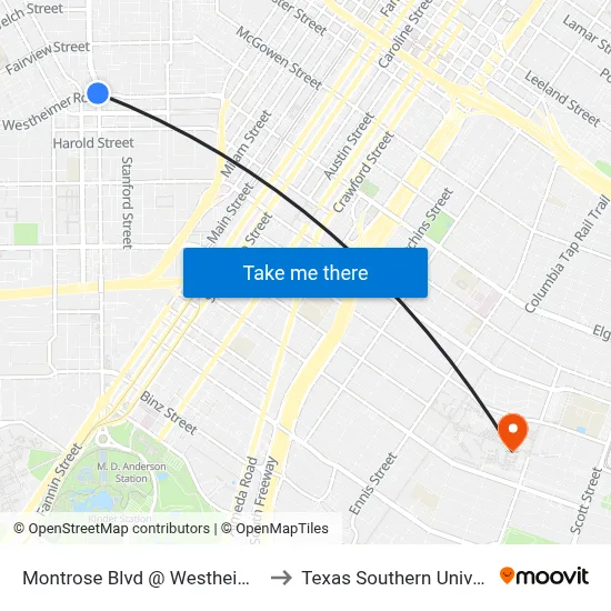 Montrose Blvd @ Westheimer Rd to Texas Southern University map