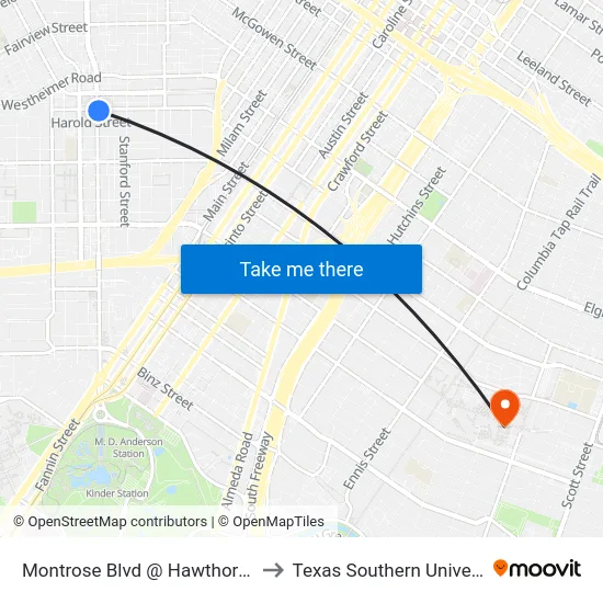 Montrose Blvd @ Hawthorne St to Texas Southern University map