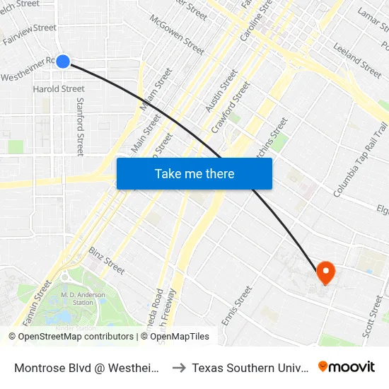 Montrose Blvd @ Westheimer Rd to Texas Southern University map