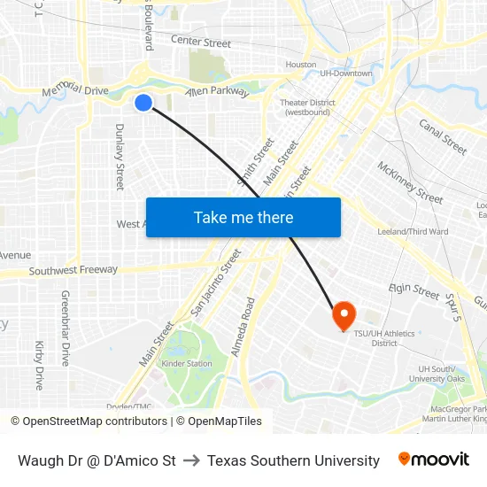 Waugh Dr @ D'Amico St to Texas Southern University map