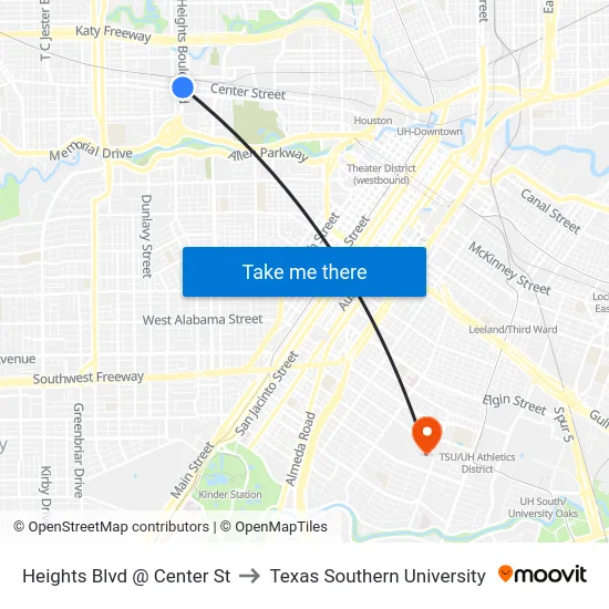 Heights Blvd @ Center St to Texas Southern University map