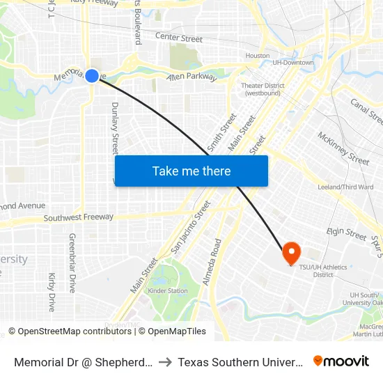 Memorial Dr @ Shepherd Dr to Texas Southern University map