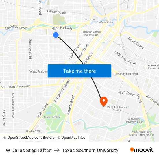 W Dallas St @ Taft St to Texas Southern University map