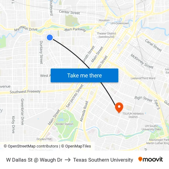 W Dallas St @ Waugh Dr to Texas Southern University map