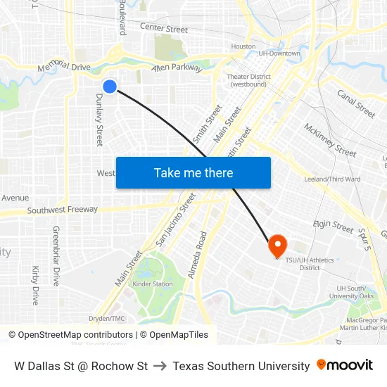 W Dallas St @ Rochow St to Texas Southern University map