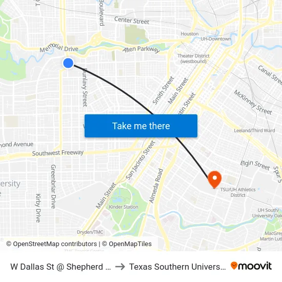 W Dallas St @ Shepherd Dr to Texas Southern University map