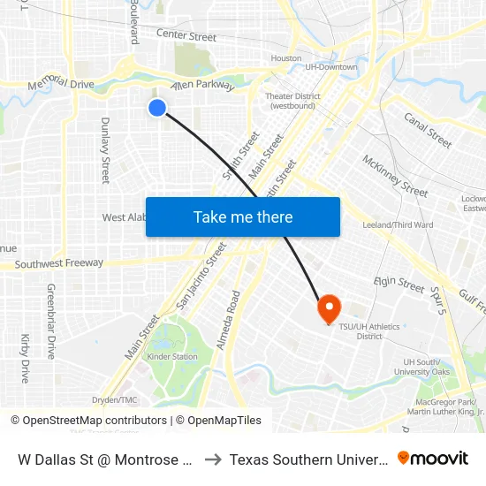 W Dallas St @ Montrose Blvd to Texas Southern University map