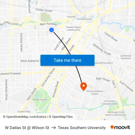 W Dallas St @ Wilson St to Texas Southern University map