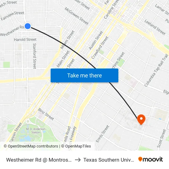 Westheimer Rd @ Montrose Blvd to Texas Southern University map