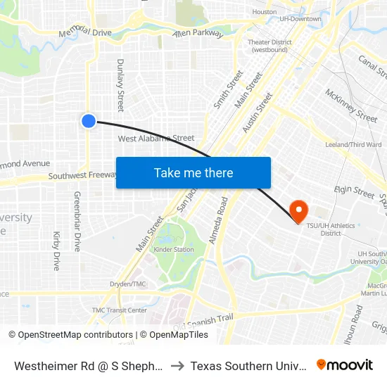 Westheimer Rd @ S Shepherd Dr to Texas Southern University map