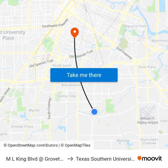 M L King Blvd @ Groveton to Texas Southern University map