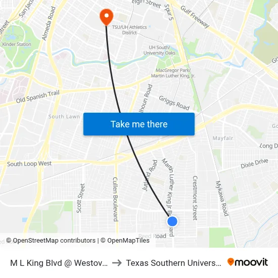 M L King Blvd @ Westover to Texas Southern University map