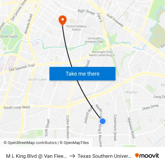 M L King Blvd @ Van Fleet St to Texas Southern University map