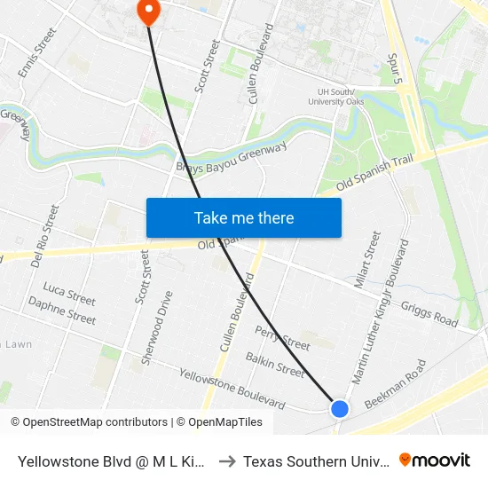 Yellowstone Blvd @ M L King Blvd to Texas Southern University map