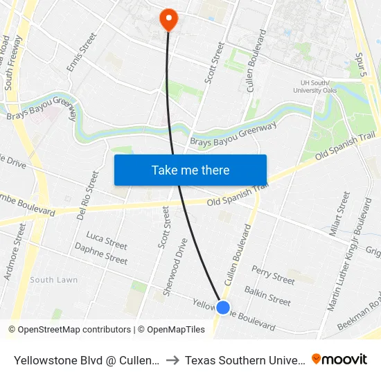 Yellowstone Blvd @ Cullen Blvd to Texas Southern University map