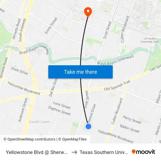 Yellowstone Blvd @ Sherwood Dr to Texas Southern University map