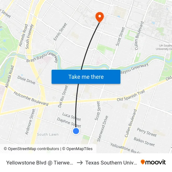 Yellowstone Blvd @ Tierwester St to Texas Southern University map