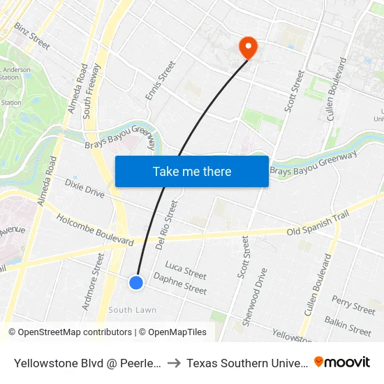 Yellowstone Blvd @ Peerless St to Texas Southern University map