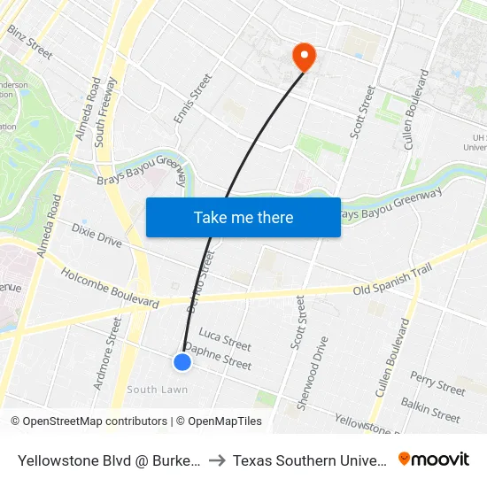 Yellowstone Blvd @ Burkett St to Texas Southern University map