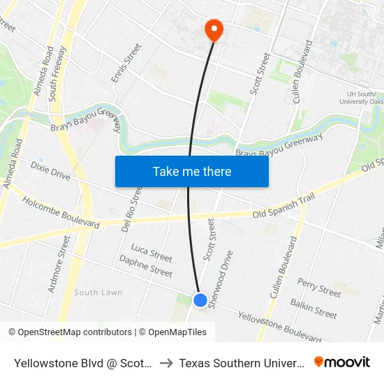 Yellowstone Blvd @ Scott St to Texas Southern University map