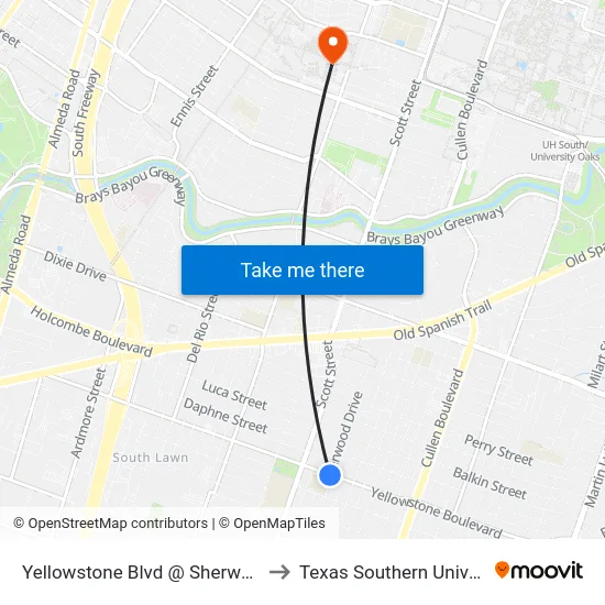 Yellowstone Blvd @ Sherwood Dr to Texas Southern University map
