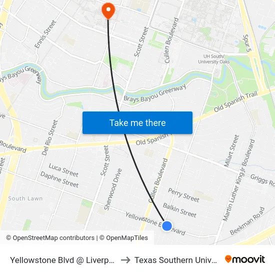 Yellowstone Blvd @ Liverpool St to Texas Southern University map