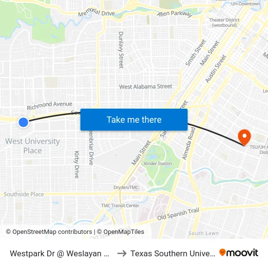 Westpark Dr @ Weslayan St MB to Texas Southern University map