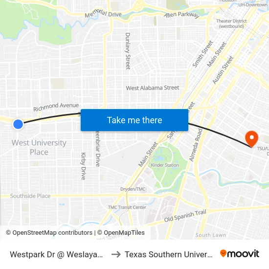 Westpark Dr @ Weslayan St to Texas Southern University map