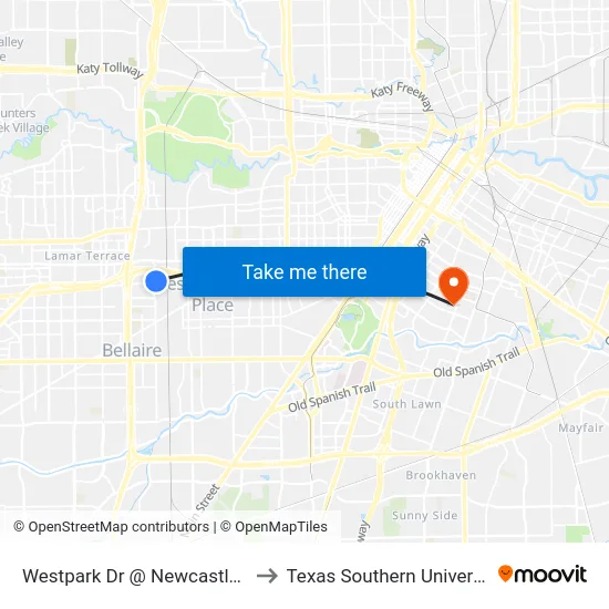 Westpark Dr @ Newcastle Dr to Texas Southern University map